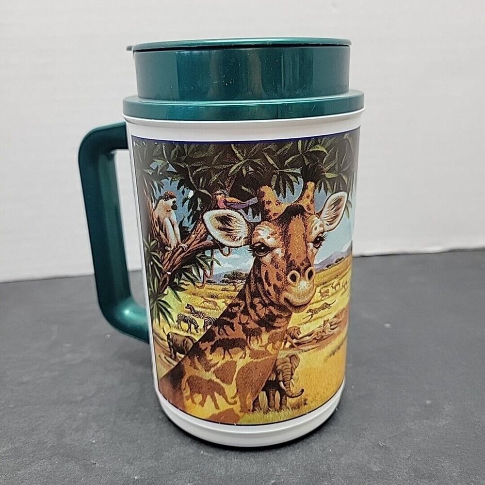 Human-i- tees 1996 Vintage Insulated Thermo Mug Giraffe Elephant Graphic Rare